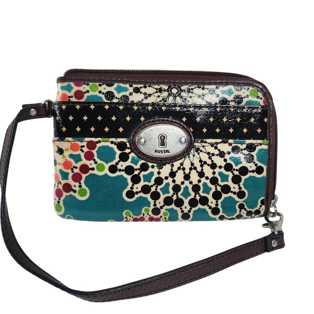 Y2K Fossil Wristlet Retro Wallet Clutch Zip Around Cow Hide Leather PVC Coated